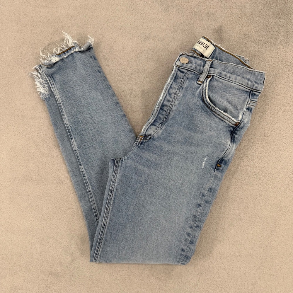 AGOLDE High Rise Straight Leg Distressed Light Wash Strech Jeans Womens 25